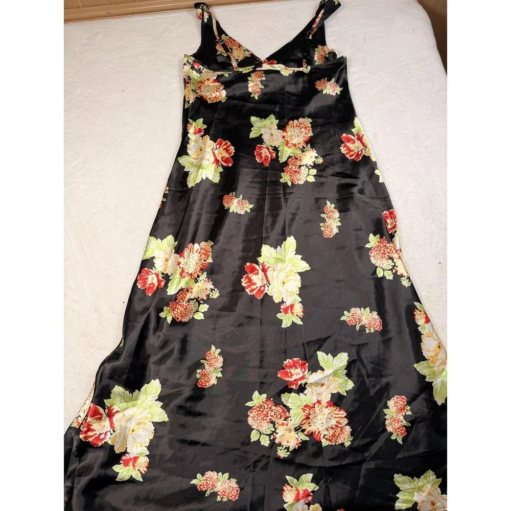 Jones New York Gown Womens Medium Black Floral Satin Chemise Adjustable Strap